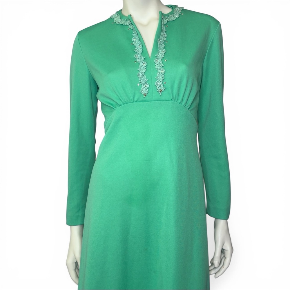 Vintage 60s Mint Green Maxi Dress with Lace Appliqué‎ and Rhinestones M